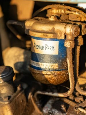 Detailed view of a mechanical engine part with Premium Parts label.